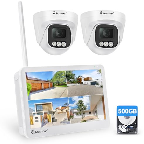 Jennov 5MP Kit Telecamere WiFi Esterno con 10 Monitor 10CH 5MP NVR, 2X5MP Telecamera IP, Angolo Ampio Di 120°, Visione Notturna a Colori, Rilevamento Persona, Registrazione 24/7, Disco 500GB Vista