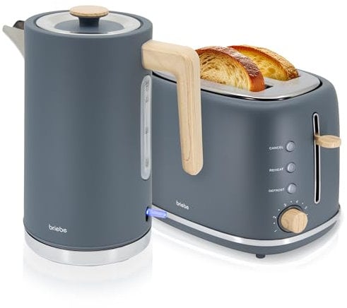 briebe Nordic Set Toaster 2 Scheiben Breite Schlitze mit Brötchenaufsatz, 6 Toast Stufen + Wasserkocher 1,7L Elektrischer 2200W Schnell Aufheizender, BPA-frei, Frühstücksset Nordisches Design, Grau