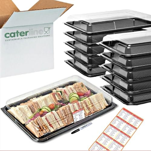 Caterline Pack of 25 Large Catering Platters & 25 Lids Plus 25 Allergy Labels. Reusable Plastic Serving Platters (L450mm x W310mm x 75mm)