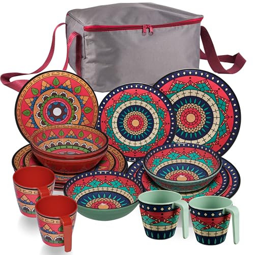 Melamin Geschirr Set Toskana Deep für 4 Personen - 17 Teile mit Tasche - Rot-Grün - Mandala-Optik Spülmaschinengeeignet Essgeschirr Zubehör Campinggeschirr Wohnwagen Camping Festival Picknick Party