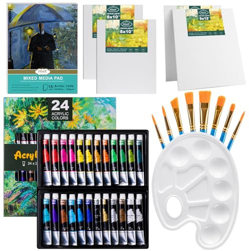 Paint Set, Painting Kit, Acrylic Paints Set for Kids Adults, Canvas Set with 24 Acrylic Paint, 4 Canvas Panels, Drawing Pad, Ideal for Art Lovers and Creative Painting