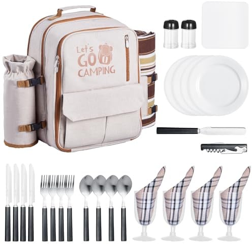 VEVOR Zaino da Picnic per 4 Persone, Capacità di 20 L Borsa da Picnic da Spiaggia con Portabottiglie Vino Staccabile, Coperta Leggera, Set di Piatti e Posate per Escursionismo, Campeggio, Beige