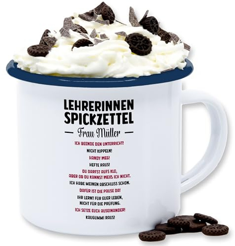 Shirtracer Emaille Tasse personalisiert Lehrerin Spickzettel | Weiß Blau, 300 ml, Pädagogin, Klassenzimmer, Schule, Unterricht, Becher
