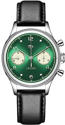 SEAKOSS Mechanische Uhren für Herren Pilot Chronograph 38 mm Original 1963 st1901 Uhrwerk Handaufzug Saphir Retro Herrenuhren mit Schwanenhals, Grüner Saphir, sapphire, Chronograph für Herren