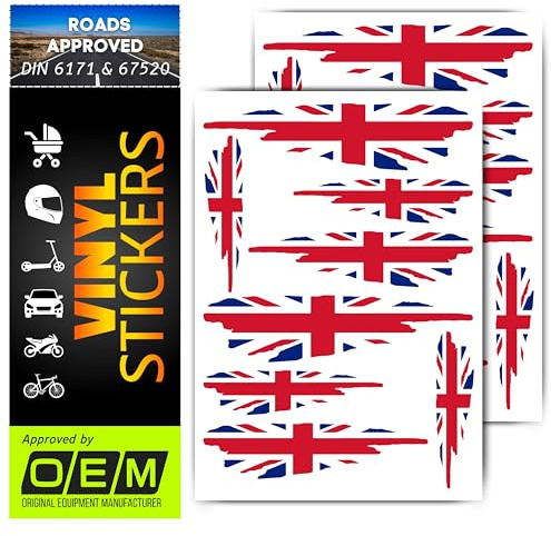 Motorrad Aufkleber Wetterfeste Vinyl Sticker Roller Scooter Helm Auto Roller Tank UV-Beständig Selbstklebend Hochwertige Dekoration Fahrzeuge KFZ (England UK Flagge, Set-16)