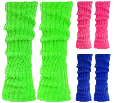 QINQINZIJIN 3 Paar Neon Beinstulpen, 80er 90er Neon Beinwärmer, Gestrickte Legwarmers Strümpfe, Faschingskostüm Accessoires für Tanzen, Motto Party, Fasching, Karneval