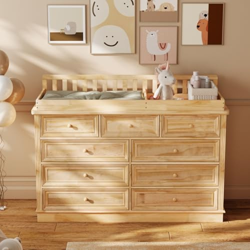 PREMTURE Wickelkommode aus Massivholz, große Wickelauflage, 9 Schubladen, extra hoher Rand, Windelkommode mit großem Stauraum, Baby Kommode aus echtem Holz, 140 × 48 × 102 cm, Naturfarbe