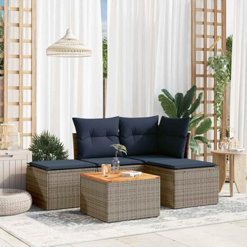 Tonture 5-teiliges Gartensofa-Set, Grau Polyrattan, Modulares Outdoor Lounge Set mit Kissen, Stauraum, Akazienholz Tisch, UV-beständig für Terrasse & Balkon