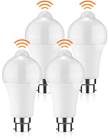 Veyera 4 Pcs Motion Sensor Light Bulbs, 12W B22 Smart LED Light Bulbs PIR Sensor Bulb, Auto On/Off, Cool White 6000K, Bayonet Smart Life Bulb for Stairs Garage Basement Corridor