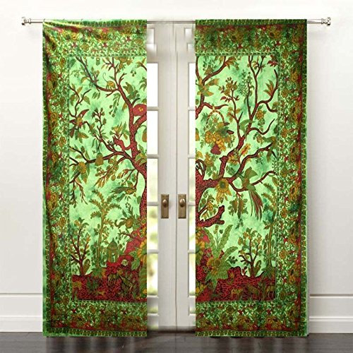 Sophia Art indische Vorhänge, durchscheinend, Baum des Lebens, Mandala, böhmisch, 2-teiliges Vorhang-Set, Fensterbehandlung, Türdekoration, Grün