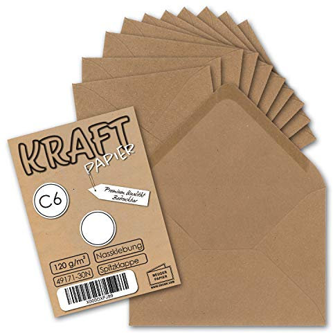 25x Kraftpapier Umschläge DIN C6 Braun - 11,4 x 16,2 cm ohne Fenster - Vintage Briefumschläge mit Nassklebung Spitzklappe - NEUSER PAPIER