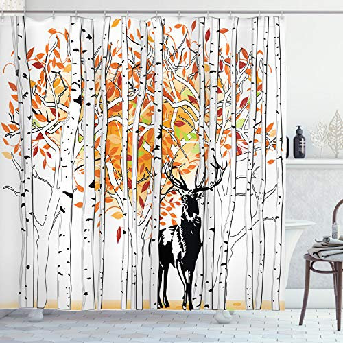 ABAKUHAUS Hirsch Duschvorhang, Bäume Laub Wildnis, Stoffliches Gewebe Badezimmerdekorationsset mit Haken, 175 x 180 cm, Orange Grün und Weiß