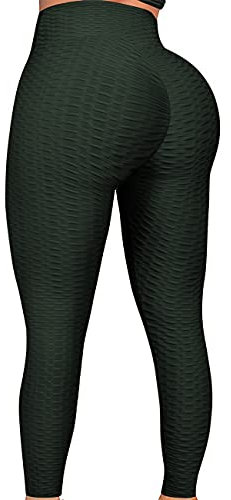 FITTOO Tiktok Damen Honeycomb Anti Cellulite Leggings Booty Scrunch Hohe Taille Push Up Boom Booty Sport Leggings Stretch Gym Yogahosen Oliv-grün, M