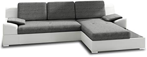 Ecksofa Aldo mit Glasregal, Couchgarnitur mit Bettfunktion und Bettkasten, Sofagarnitur, Couch mit Schlaffunktion, Big Sofa (Weiß + Grau (Soft 017 + Inari 91), Ecksofa Rechts)
