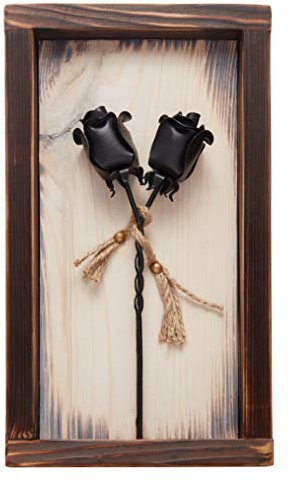IK Style Set of 2 Forged Iron Roses Twisted Together Forever - Placed In Wooden Frame - Unique 3D Gift