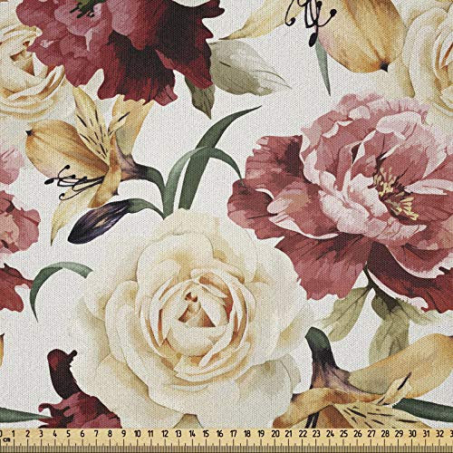 ABAKUHAUS Garten Microfaser Stoff als Meterware, Aquarell Rosen Pfingstrosen, Deko Basteln Polsterstoff Textilien, 2M (230x200cm), Rose Rubinenrot Cream