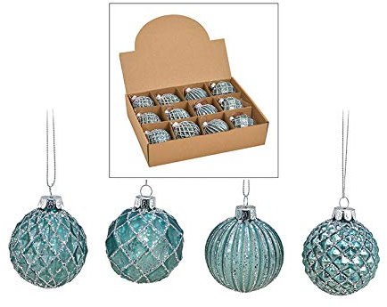 12er Set edle Luxus Glas Weihnachtskugeln Ø 6cm Weihnachtsbaum Kugeln Christbaumkugeln Weihnachts Deko (Tuerkis Silber)