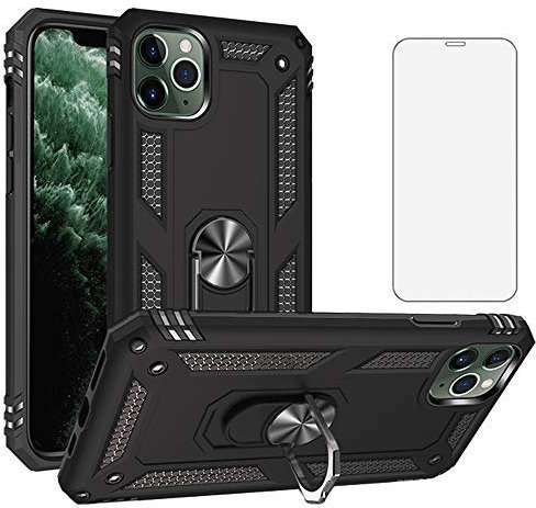 Phone Case for iPhone 11 Pro Max 2019 6.5 inch with Tempered Glass Screen Protector Cover and Magnetic Stand Ring Holder Shockproof Heavy Duty Accessories iPh 11pro iPhone11promax XI Plus Black