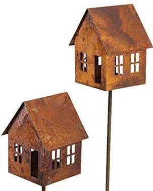 Bornhöft Edelrost Lichterhaus 2er SetWindlicht Gartendeko rostige Deko Kerzenhaus (Set mit Stab)