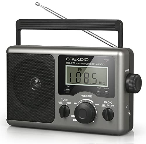 Greadio Radio portable à ondes courtes avec meilleure réception, transistor AM FM, écran LCD, réglage de l'heure, fonctionne avec 4 piles D ou alimentation CA, grand haut-parleur, prise casque pour