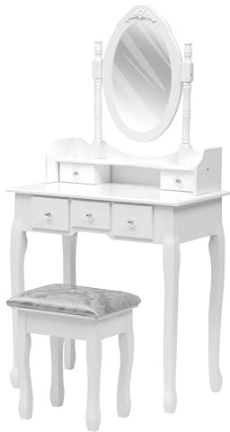 AVC Designs White Dressing Table, Oval Mirror & Stool Set (5 Drawer) Bedroom Makeup Desk