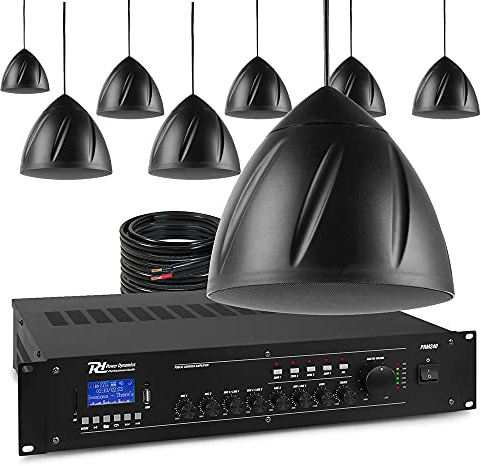 Power Dynamics Pendant Speaker System, 8 x 5.25 Black Speakers with 4-Zone Mixer Amplifier Bluetooth, 100V Line PA Audio for Warehouse, Restaurant, Retail, Commercial Installation