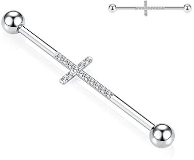 AROWRO Industrial Barbell Chirurgenstahl 14G Industrial Bar Piercing Industrielle Ohrringe mit Kreuz CZ Knorpel Piercing Schmuck 1 1/2 Zoll 38mm Silber Industrial Barbell