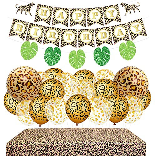 Geparden-Geburtstagsdekorationen, Geparden-Partyzubehör, einschließlich Happy Birthday-Banner, Leopardenballons, Safari, Leopardenmuster, Tischdecke für Party, Junge, Mädchen, Babyparty
