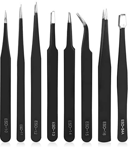 Ainiv 8Pcs Pinzas de Precisión, Pinzas de Precisión Kit, Tweezers ESD Anti-Estáticas de Acero Inoxidable Pinzas para Electrónicas, Trabajo de Laboratorio, Joyería, Maintenance Tools