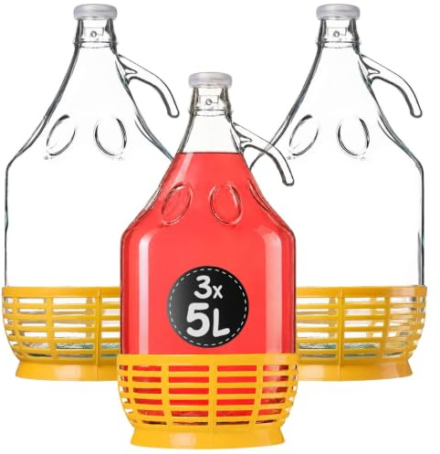KADAX 3er Set Weinballon 5L, Glasballon für Wein, Weinfass aus glas, Gärballon, Fass für Wein aus Glas, Bügelflasche mit Korb, Gärbehälter für Wein, Glasgärballon