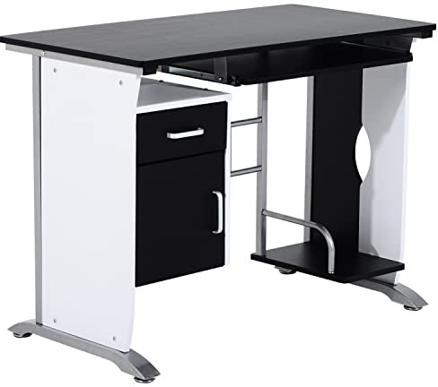 HOMCOM Computertisch Winkelschreibtisch mit Schubladen Schreibtisch Bürotisch Anti-Rutsch Metall MDF Weiß+Schwarz+Silber 100 x 52 x 75 cm