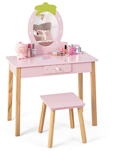 COSTWAY 2-in-1-Kinder-Schminktischset, Schminktisch aus Holz mit Hocker & erdbeerförmigem Spiegel & Kämme & Schublade, Kosmetiktisch für Kinder von 3–7 Jahren, Rosa