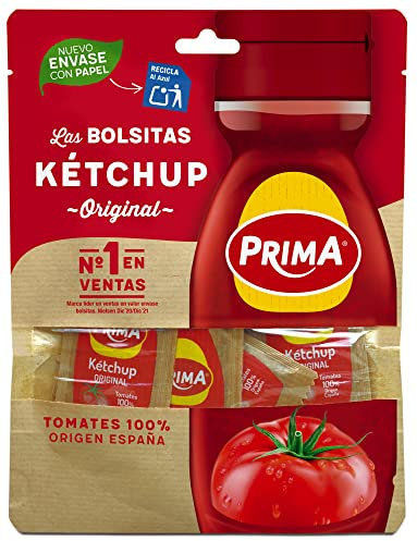 Prima Ketchup monodosis sabor original elaborado con tomates españoles. 12 bolsitas