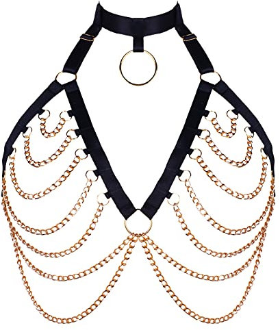 PETMHS Punk Brust Harness BH Body Chain für Damen Truhe Kette Schwarz Gothic Halsband Ketten Riemchen Geschirr BHs Körperschmuck Clubwear Mode Belly Belts (Schwarzes Gold O321)