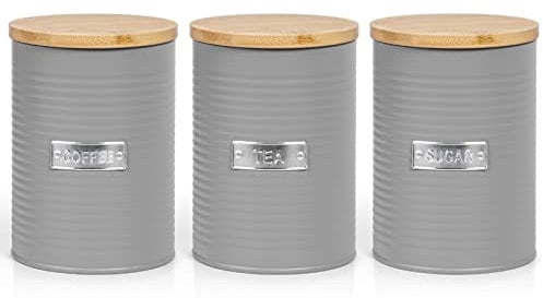 EHC Set of 3 Tea, Coffee & Sugar Canister Storage Jars Container Set, Grey