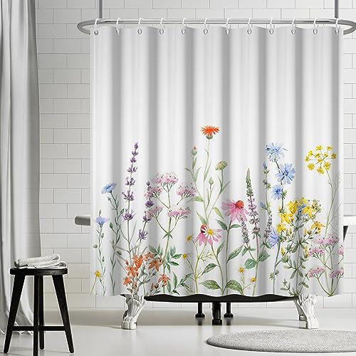 Ttincceer Blume Duschvorhang Bunte Wildblume Wasserdicht Badezimmer Vorhang Frühling Pflanze Duschvorhang Set Schimmel Beständig Bad Vorhang Waschbar Badewanne Vorhang 180x180cm