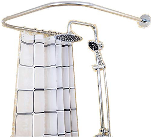 SHOWLIVEU - Tringle à rideau de douche ronde en forme de U - En acier inoxydable - Sans perçage - Rideau de douche en polyester résistant - Argenté - 3 m x 2 m