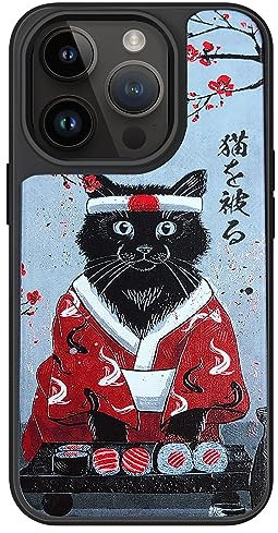 AUKIYUI Designed for iPhone 14 Pro Case, Japanese Design Phone Case Shockproof Hard Back with Non-Slip Soft Bumper Cover, Aesthetic Kuro Cat Print Cool Embossed Pattern, Black 6.1