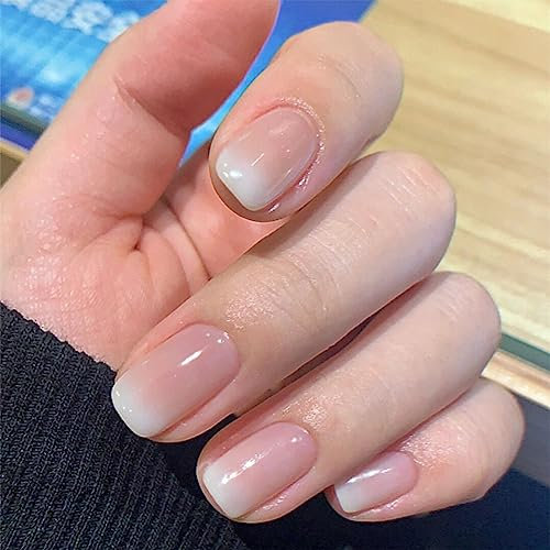 48Pcs False Nails Short - Nude Square Press on Nails - Fake Nails Short with Nail Glue - Full Cover Acrylic Stick on Nails for Women and Girls (2Packs Nude Gradient)