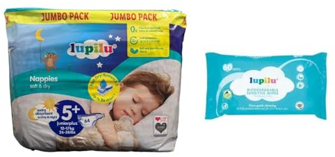 Lupilu Size 5+ Junior+ Nappies Jumbo 64 Pack + Fragrance FreeBaby Wipes