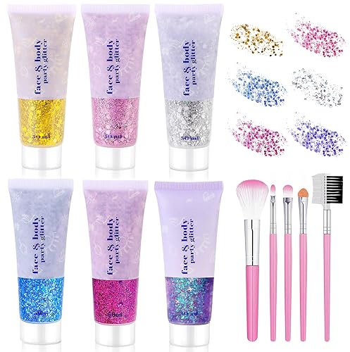Vegena Body Glitter Gel: 6 Stück Holographischer Glitzer, Funkelndes Chunky Glitter Gel, Ideal Für Festival Make-Up (Blau, Gold, Rosa, Silber, Weiß, Lila, 50ml)