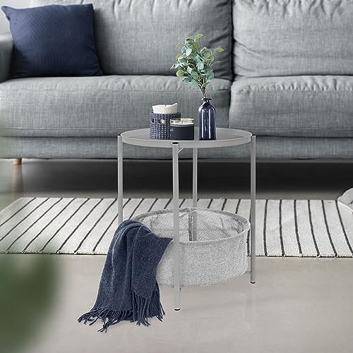 ML-Design Beistelltisch rund Ø46 x H51 cm, Grau, aus Metall, Couchtisch mit Stoffkorb & abnehmbarer Tablett, Sofatisch mit Korb als Stauraum, Modernes Design, Kleiner Tisch, Wohnzimmertisch Nachttisch