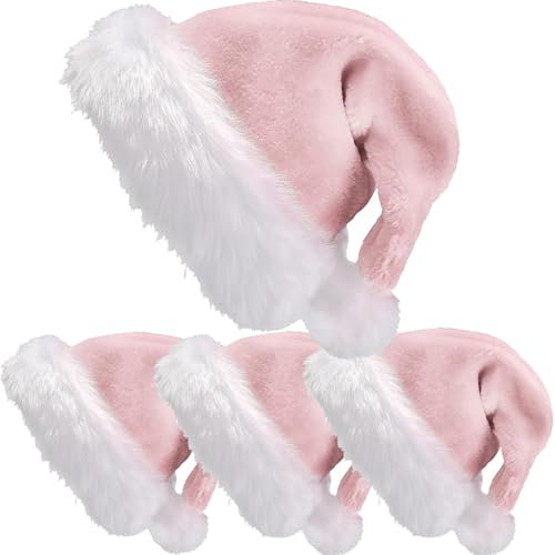 GDVONE 4 Stück Weihnachtsmütze Nikolausmütze Plüsch, Weihnachtsmann Mütze Rot fur alle Erwachsene Weihnachtszubehör für festliche Partys im neuen Jahr (Rosa)
