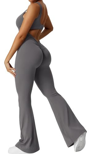 Yeoreo Jumpsuit Lizvette für Damen, sexy, rückenfrei, ausgestellt, figurbetont, Scrunch-Po, Yoga-Strampler, V-Ausschnitt, #1 Dunkelgrau, X-Small