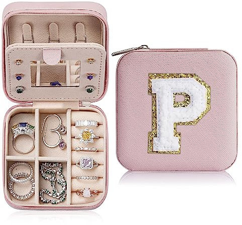 TINGN Reise Schmuckkästchen Mädchen Damen, Schmuckkästchen mit Buchstaben P | Klein Schmuckschatulle | Reise Schmuckkästchen Damen | Reise Geschenke für Frauen | Reise Schmuck Organizer Rosa