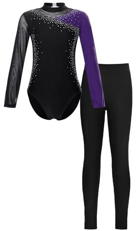 iEFiEL Mädchen Turnanzug Langarm Glitzer Gymnastik Kleidung Set Ballett Trikot Langarmbody mit Lange Hose Kinder Gymnastikanzug Zc Lila + Schwarz 158-164