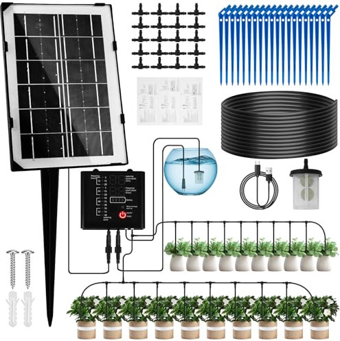 Kit de Riego Automático Solar, Carga solar y USB 2 en 1, con Temporizador de 12 Modos y Tubo de 150 cm para Plantas en Macetas de Jardín, Interiores y Exteriores