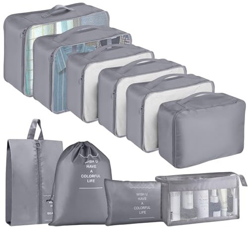 Koffer Organizer Set, 10 Stück Packing Cubes for Suitcase Travel Accessories Kofferorganizer Set Kleidertaschen Packwürfel Kosmetik Travel Organizer Packtaschen für Koffer (Grau)