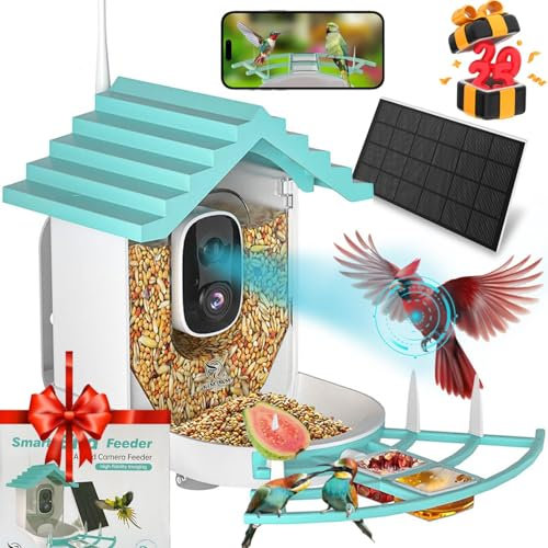 Smart Bird Feeder with Camera - Night Vision 1.5L Bird Feeder Camera with Solar Power -AI 1080p HD Identify 10000+ Birds Species Wifi 2.4 GHz Auto Capture Bird and IOS/Andriod Supported
