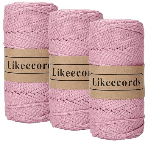 Likeecords Makramee-Schnur aus Polyester, geflochten, 4 mm, elastisches Garn zum Häkeln, für Taschen, Bastelarbeiten, Pflanzenaufhänger, Taschen und Heimdekorationen, 3 Knäuel à 40 m, Flesh Pink